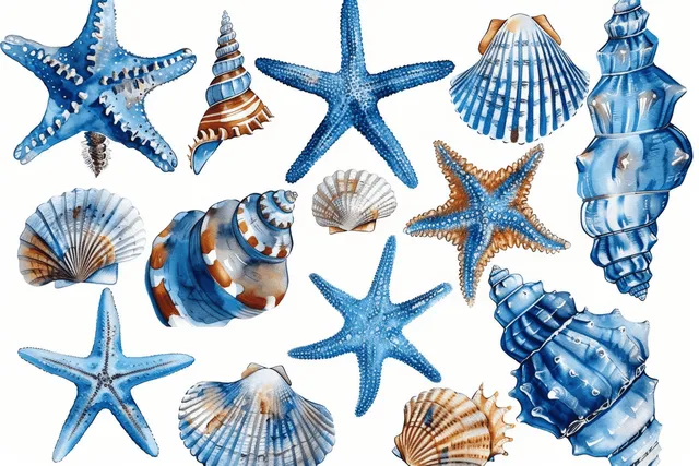 Blue watercolor starfish and seashell illustrations arranged on a clean white background.