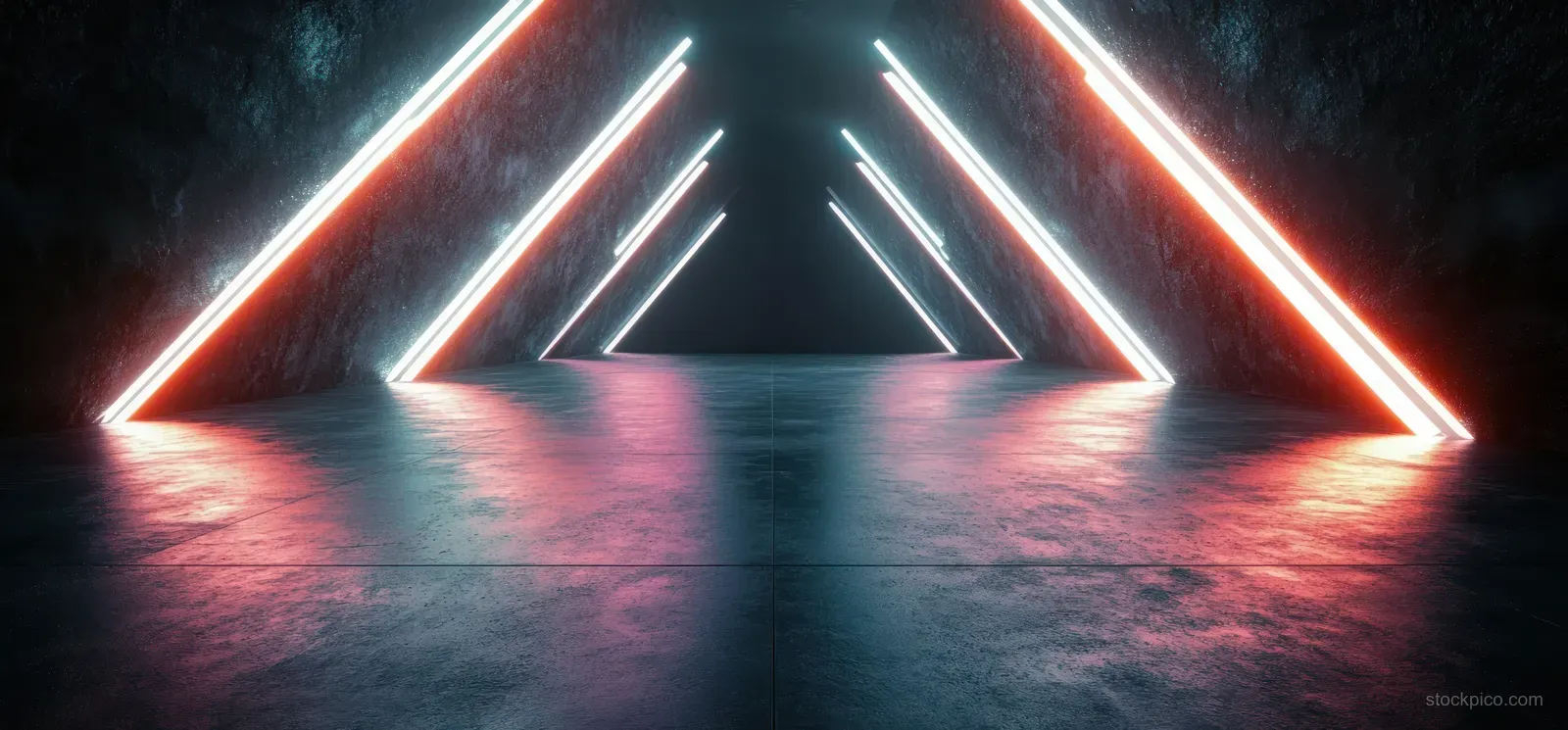 Neon red and white triangular light lines glow across a polished concrete floor in a dark cyberpunk corridor.