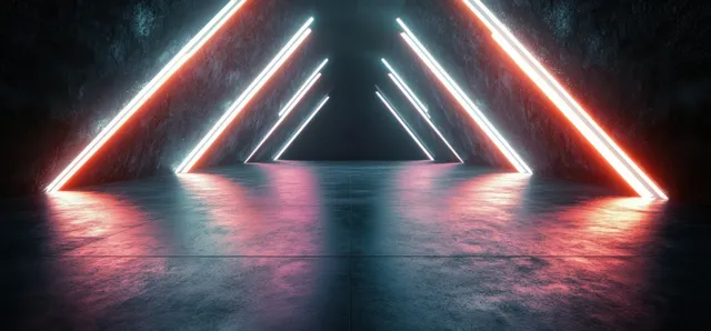 Neon red and white triangular light lines glow across a polished concrete floor in a dark cyberpunk corridor.