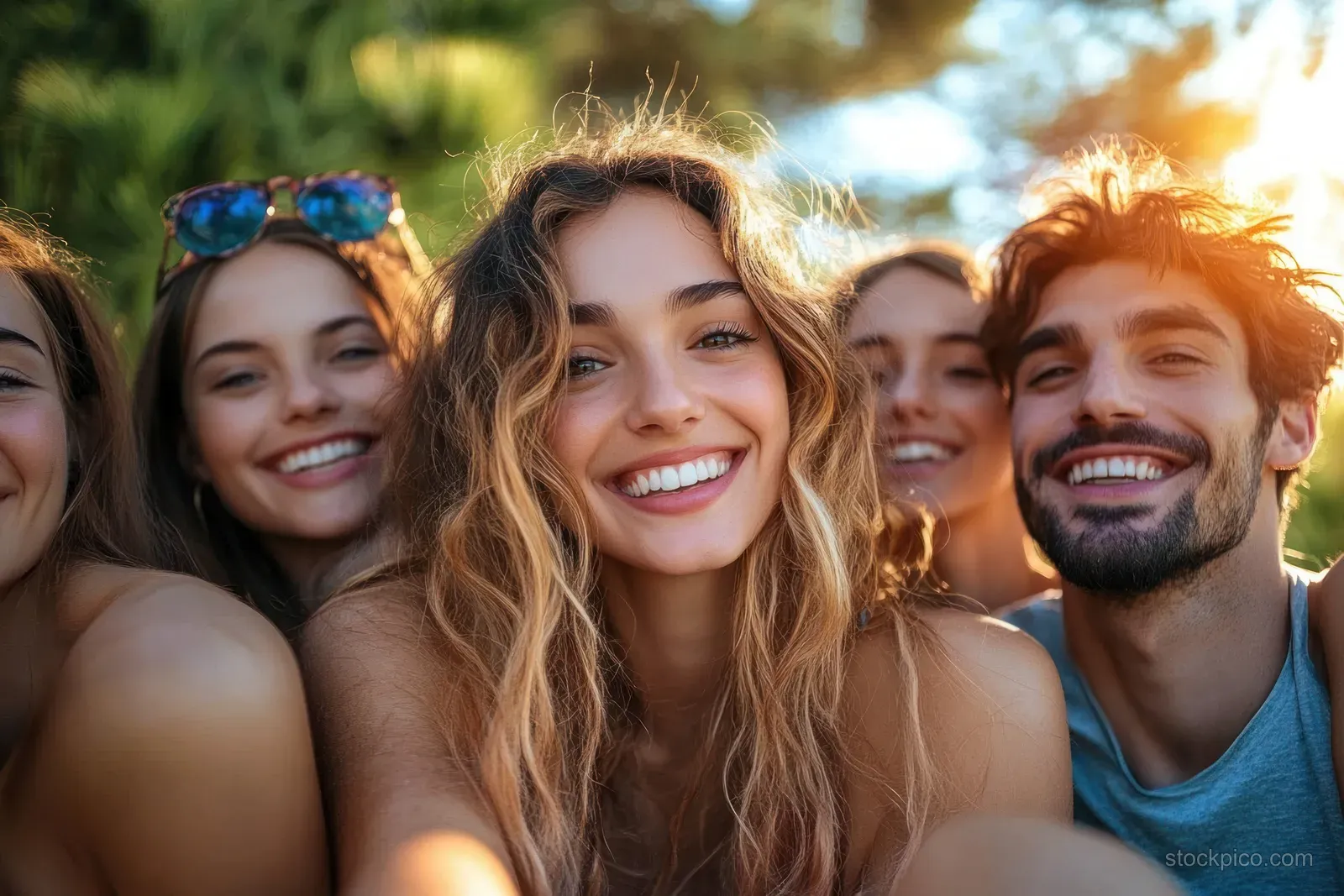 A diverse group of family members smiles for a selfie outdoors in sunlit greenery.