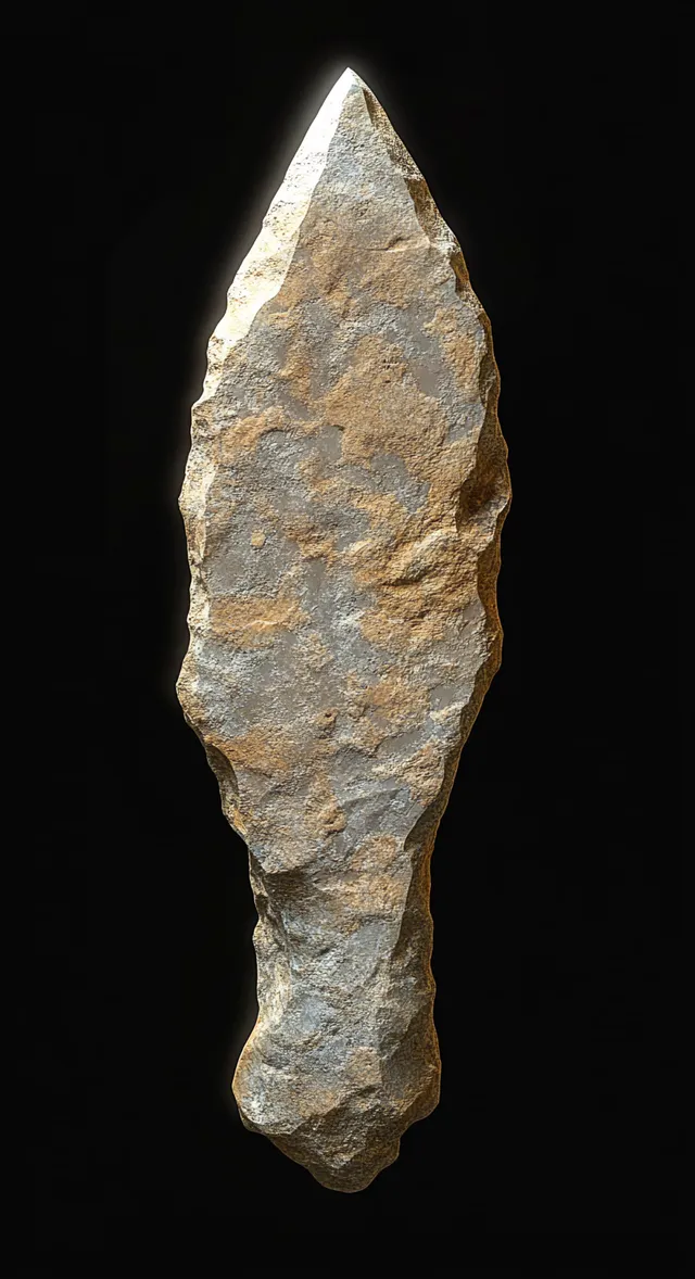 Ancient flint hand axe with pointed tip shown isolated on black background