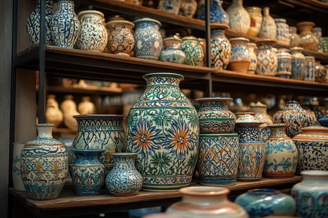 Rows of patterned ceramic vases and jars sit on wooden shelves indoors under warm light.