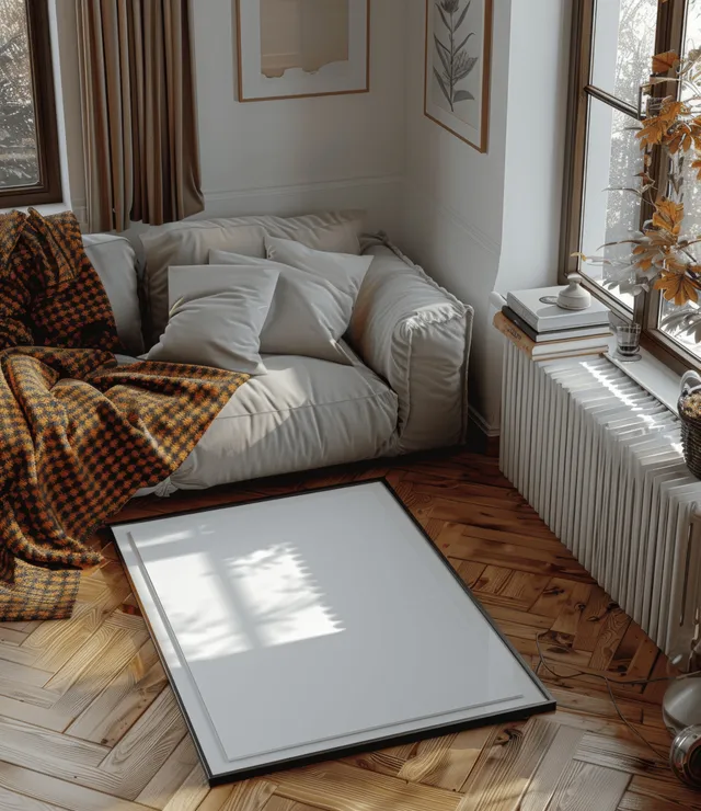 Minimalist living room corner with sofa, wooden parquet floor, checkered blanket, and a blank framed poster in daylight.