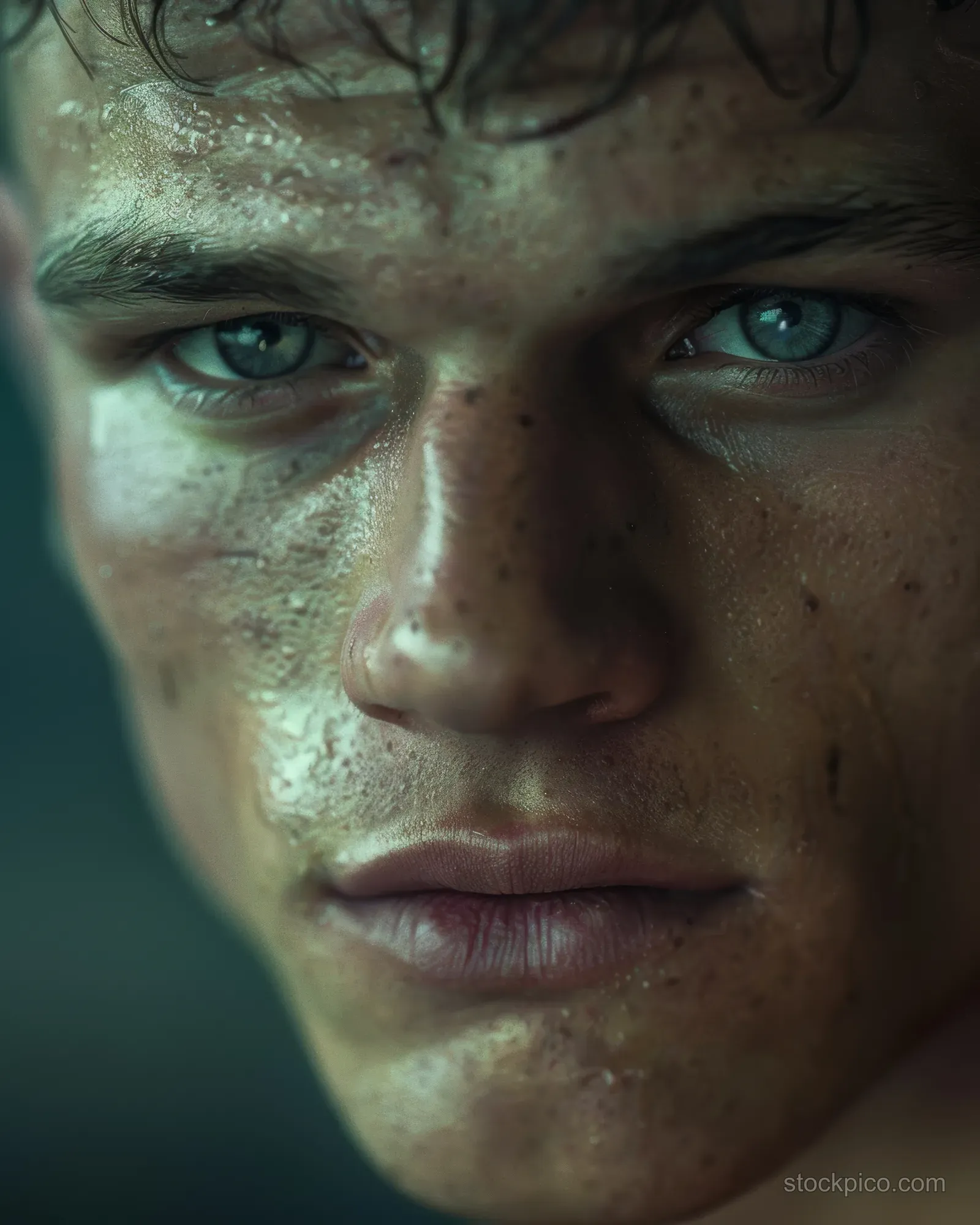 Close-up of a Russian Greco-Roman wrestler with sweat on his face, intense gaze under match lighting.