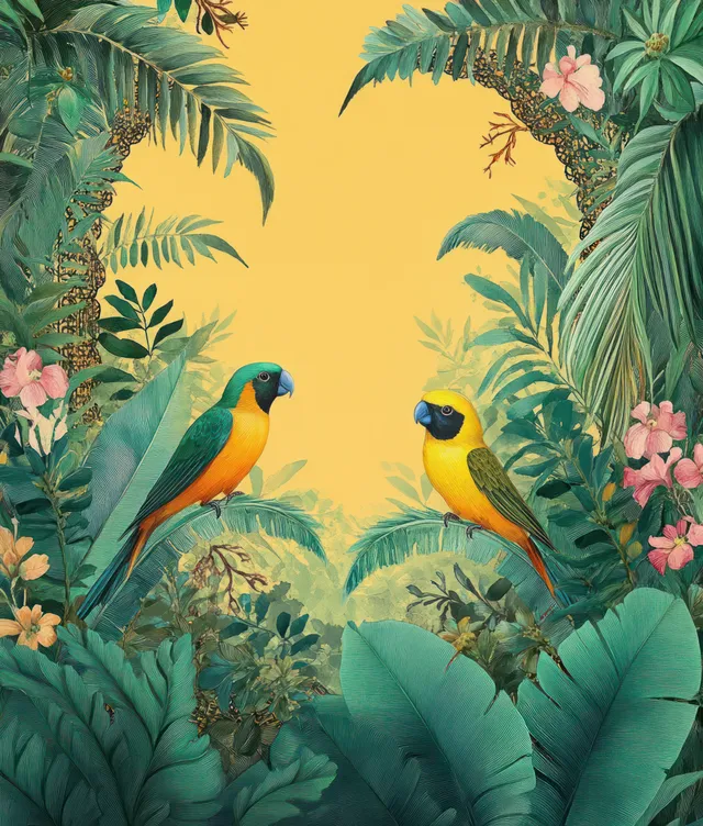 Tropical watercolor garden with parrots perched among palm leaves and pink blossoms