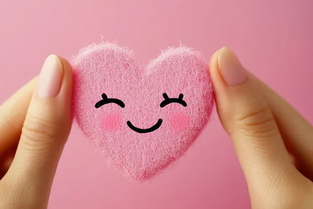 Close-up of hands holding a fuzzy pink smiling heart against a pink background