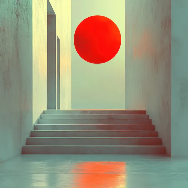 Minimalist notification icon reminder with a red circular alert mark hovering above a staircase in pastel light.