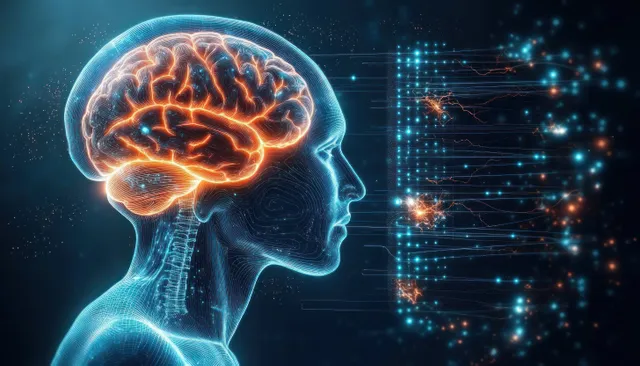 Side view human head silhouette with glowing orange brain connected to a blue digital neural network.
