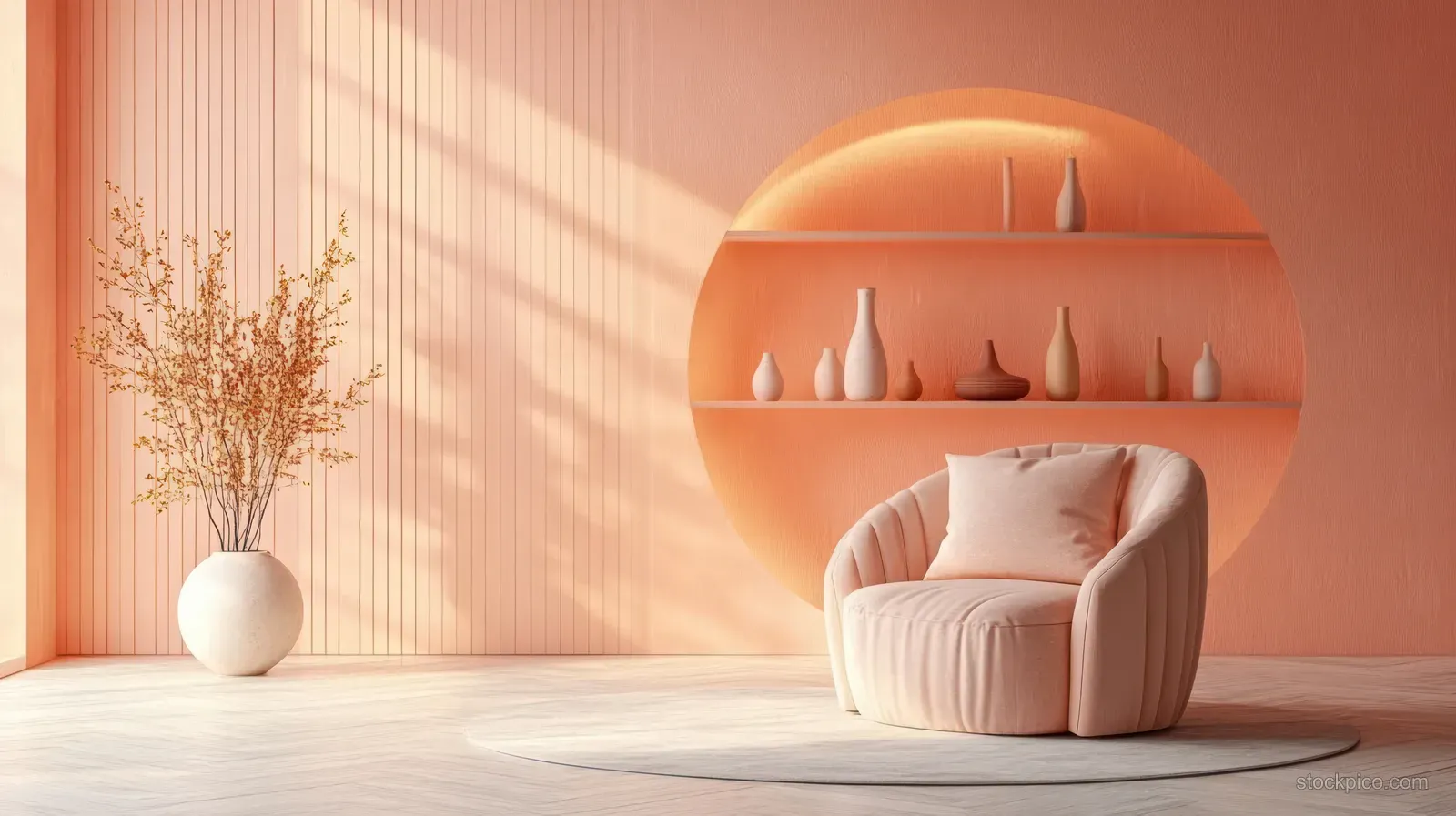 Peach living room interior with a cushioned armchair in front of a rounded shelf holding small vases.