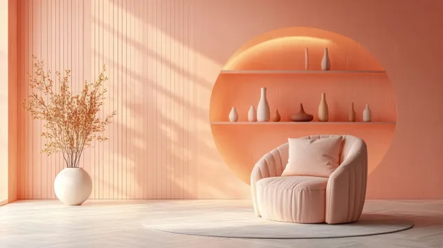 Peach living room interior with a cushioned armchair in front of a rounded shelf holding small vases.