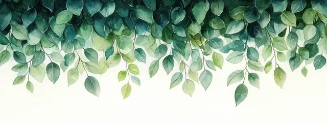 Watercolor leafy greenery border with teal leaves framing a light blank background
