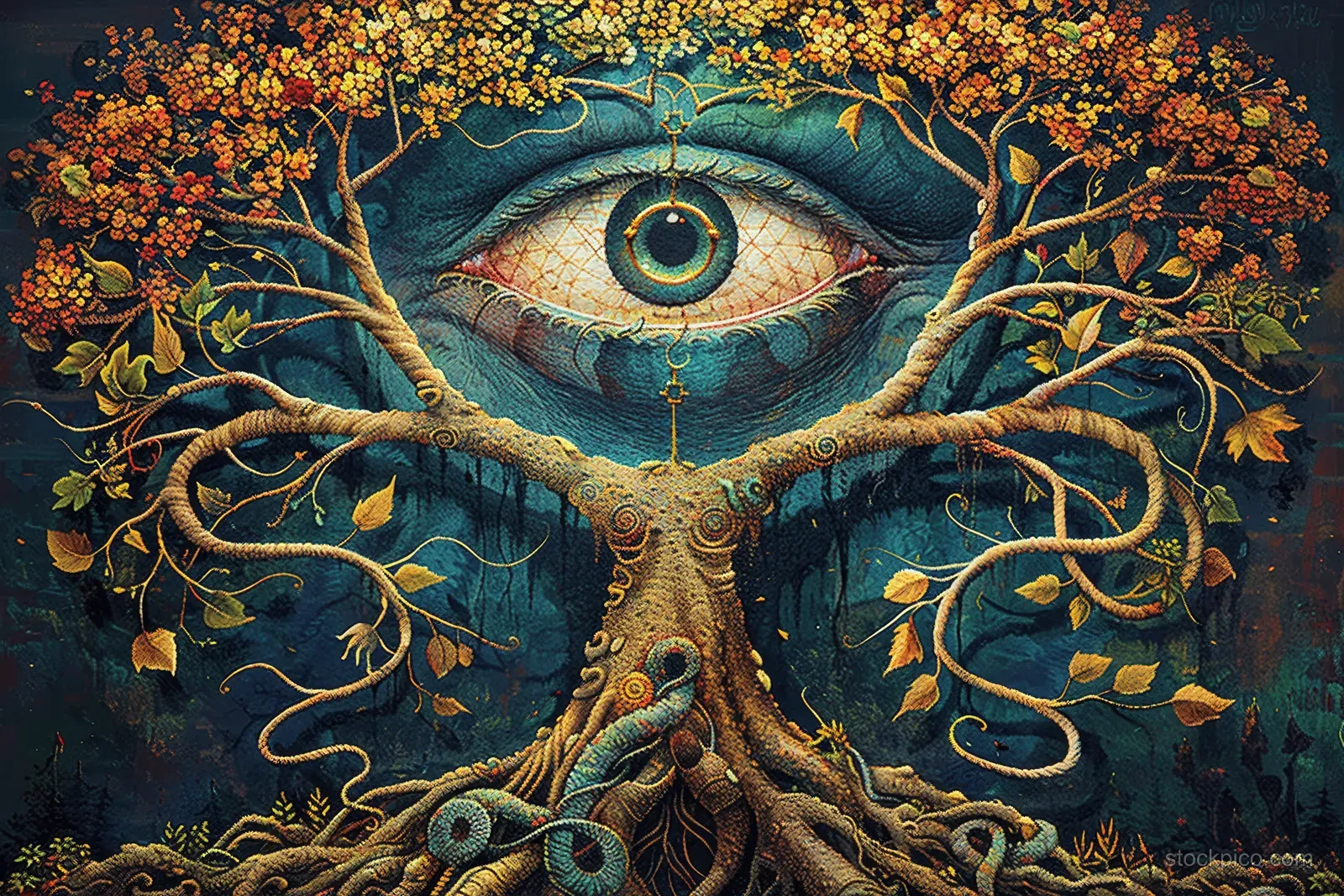A fantasy tree of life with a large eye centered above twisting roots and branches.