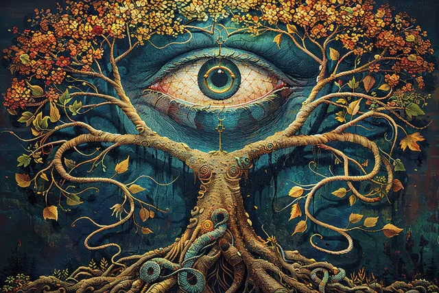 Mystical tree of life with all-seeing eye and entwined serpents