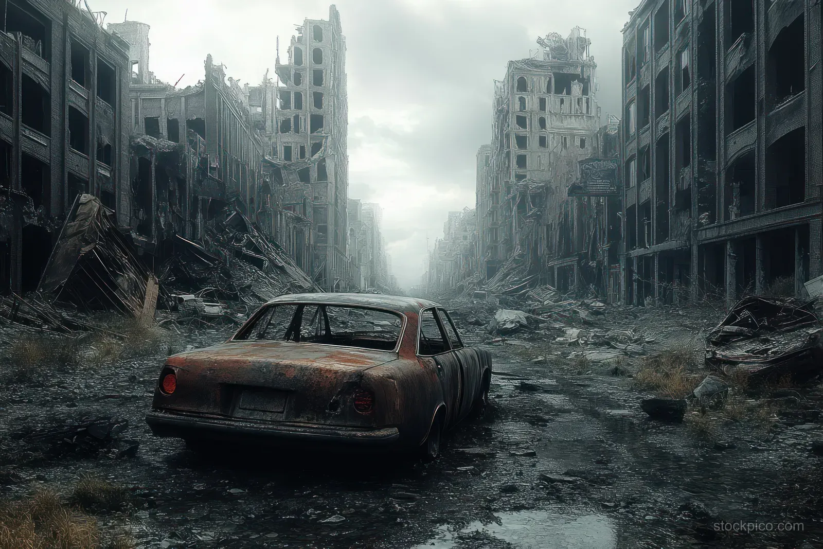 Rusted car abandoned on a cracked street in a ruined city with collapsed skyscrapers and drifting smoke.