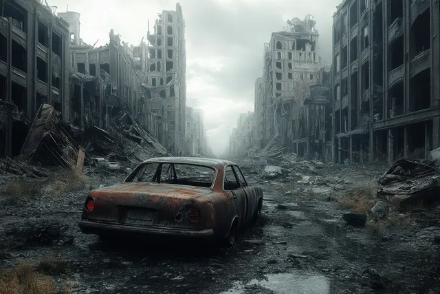 Rusted car abandoned on a cracked street in a ruined city with collapsed skyscrapers and drifting smoke.