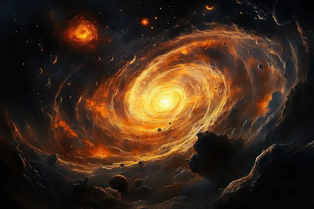 A spiral galaxy with a glowing yellow core and fiery orange nebula clouds surrounds dark planets in space.