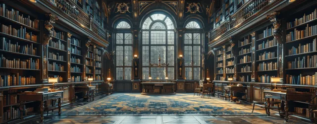 Grand baroque library interior with shelves, reading desks, and open old books glowing in arched window light.