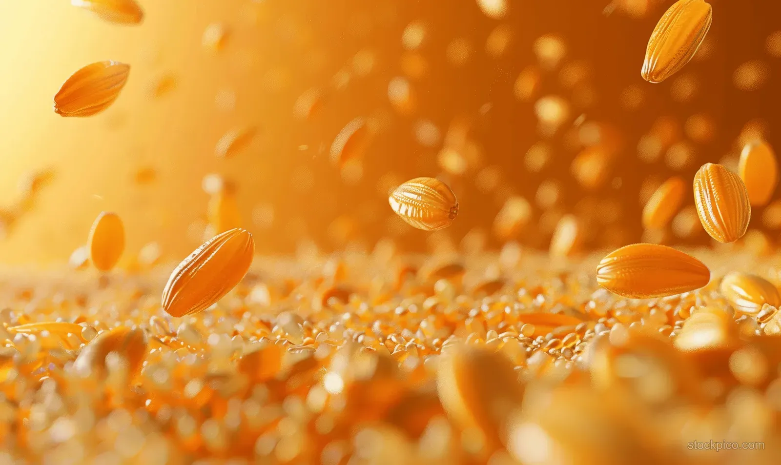 Farro grains falling against an orange background with a warm glowing macro texture.