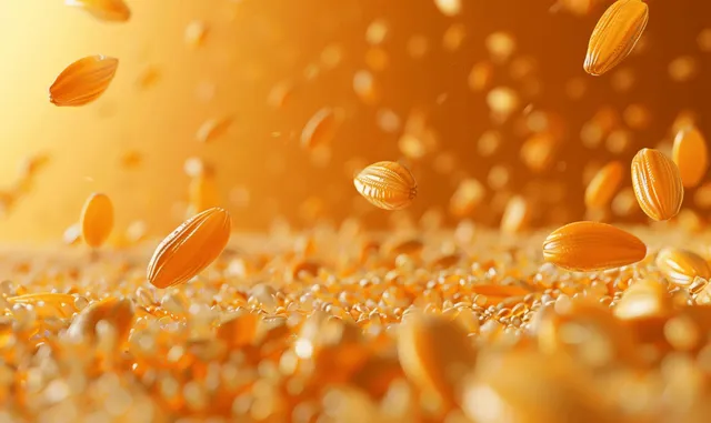 Falling Farro Grains on Orange Background with Floating 3D Detail