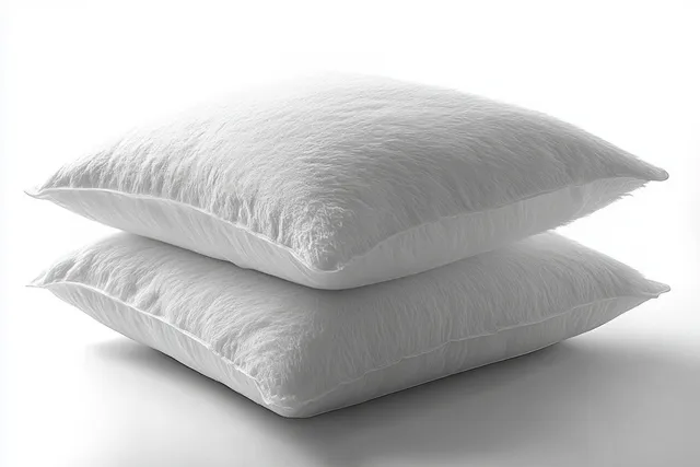 Two stacked white pillows rest on a clean surface with visible fluffy fabric texture.