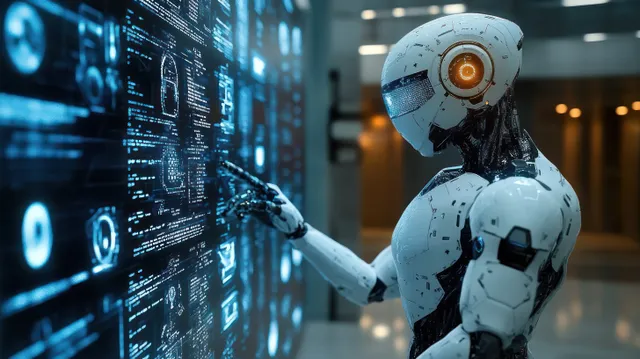 Humanoid healthcare robot pointing at glowing holographic diagnostic screens inside a futuristic clinic corridor.