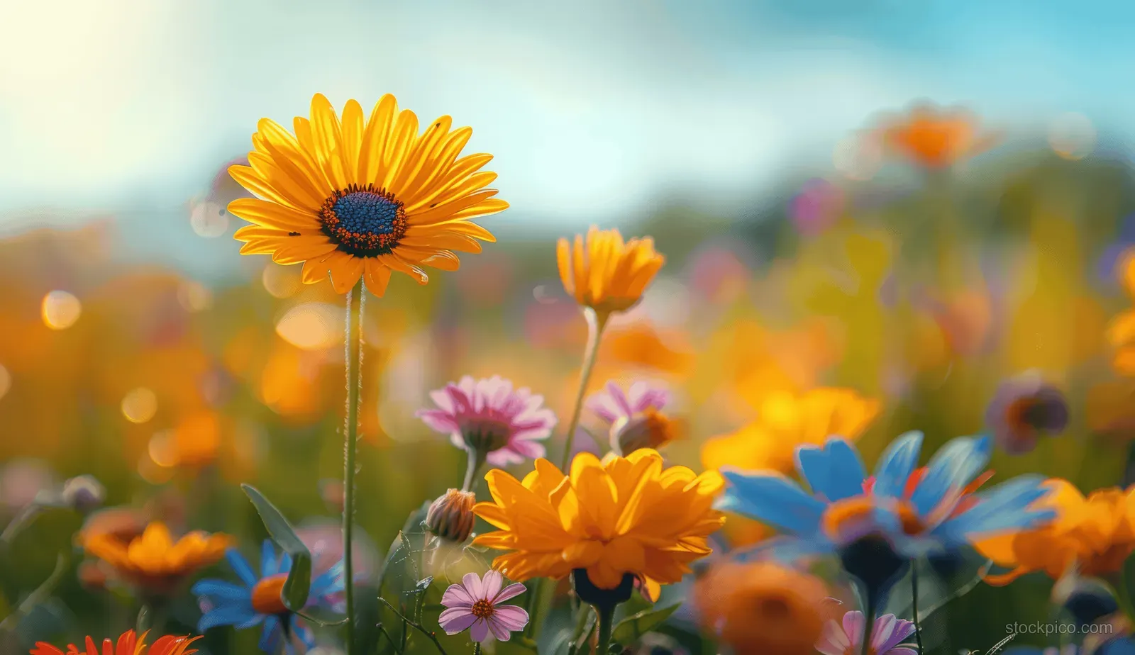Yellow daisy and other wildflowers sway in a sunny meadow with blurred bokeh lights against a blue sky.