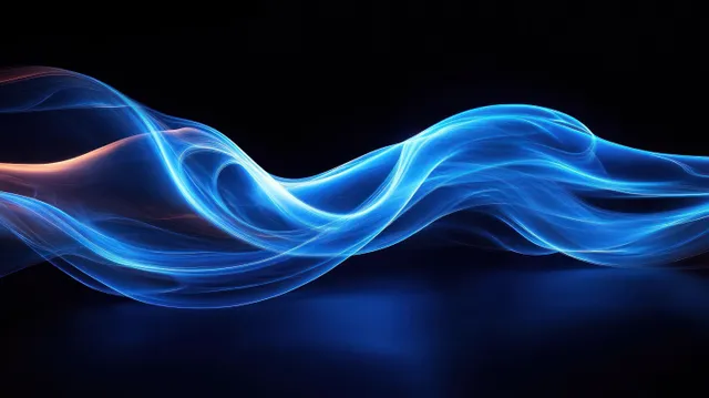 Glowing blue wave ribbons with faint orange highlights ripple across a dark background with soft light trails.