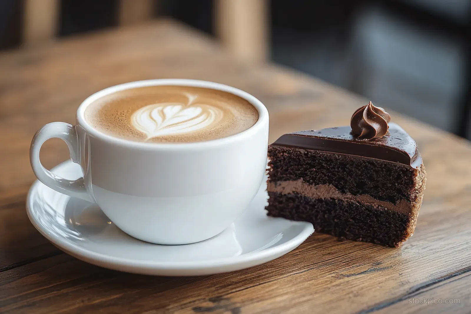 White cappuccino with latte art next to a glossy slice of chocolate cake on a wooden table.