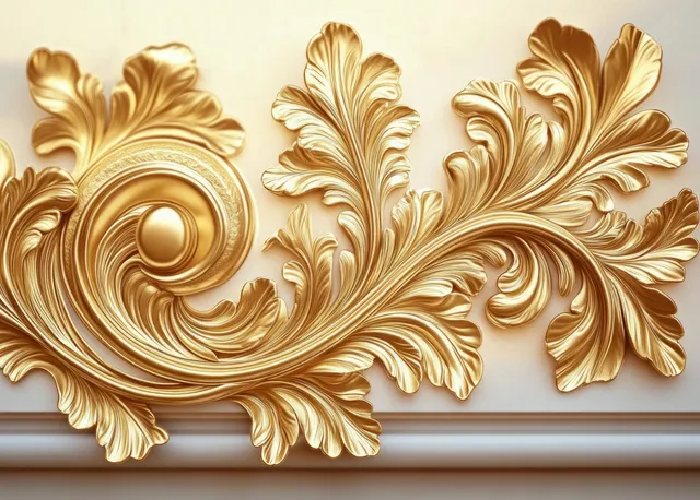 Raised golden baroque leaf and scrollwork molding decorates a smooth cream wall background.