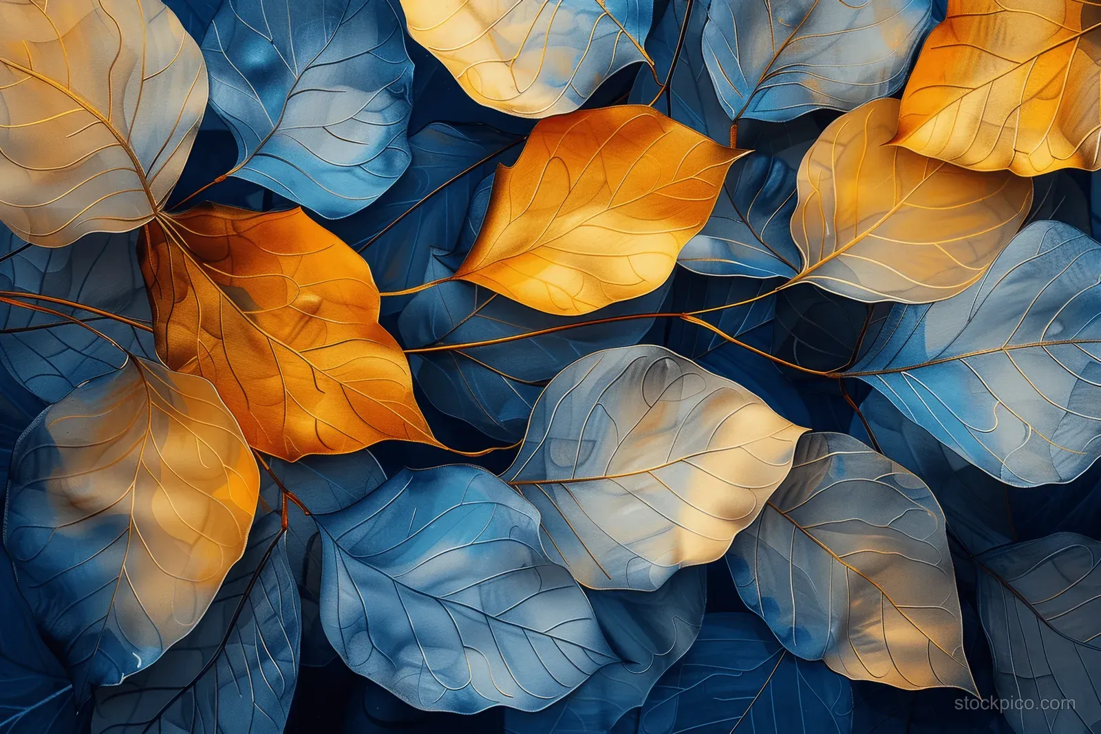 Close-up of intertwined autumn leaves in blue and gold watercolor tones with visible vein textures.