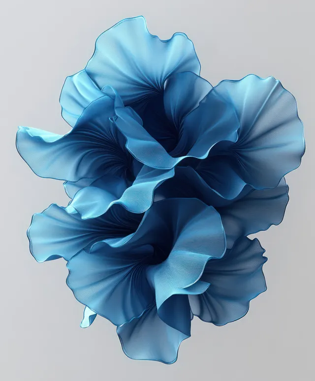 Blue 3D abstract flower petals clustered on soft gray gradient background