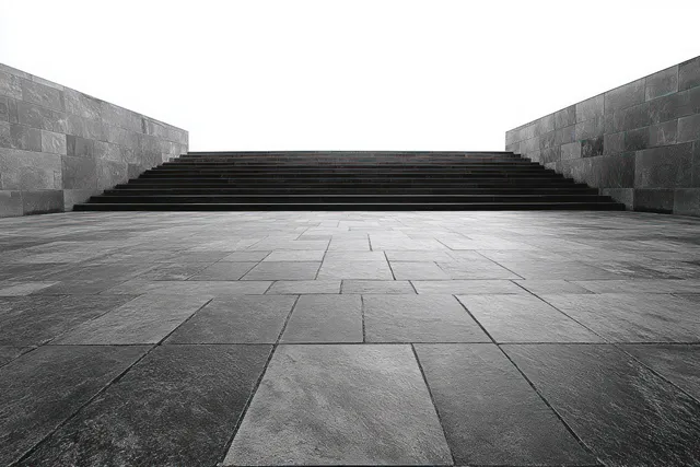 Wide stone staircase rising between textured gray walls under harsh bright sky