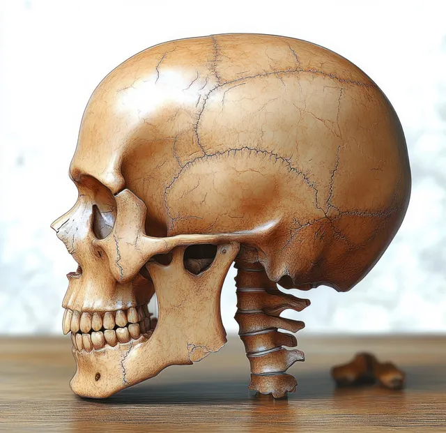A 3D male skull side profile render on a table with dramatic lighting and a faint ghost-like overlay.