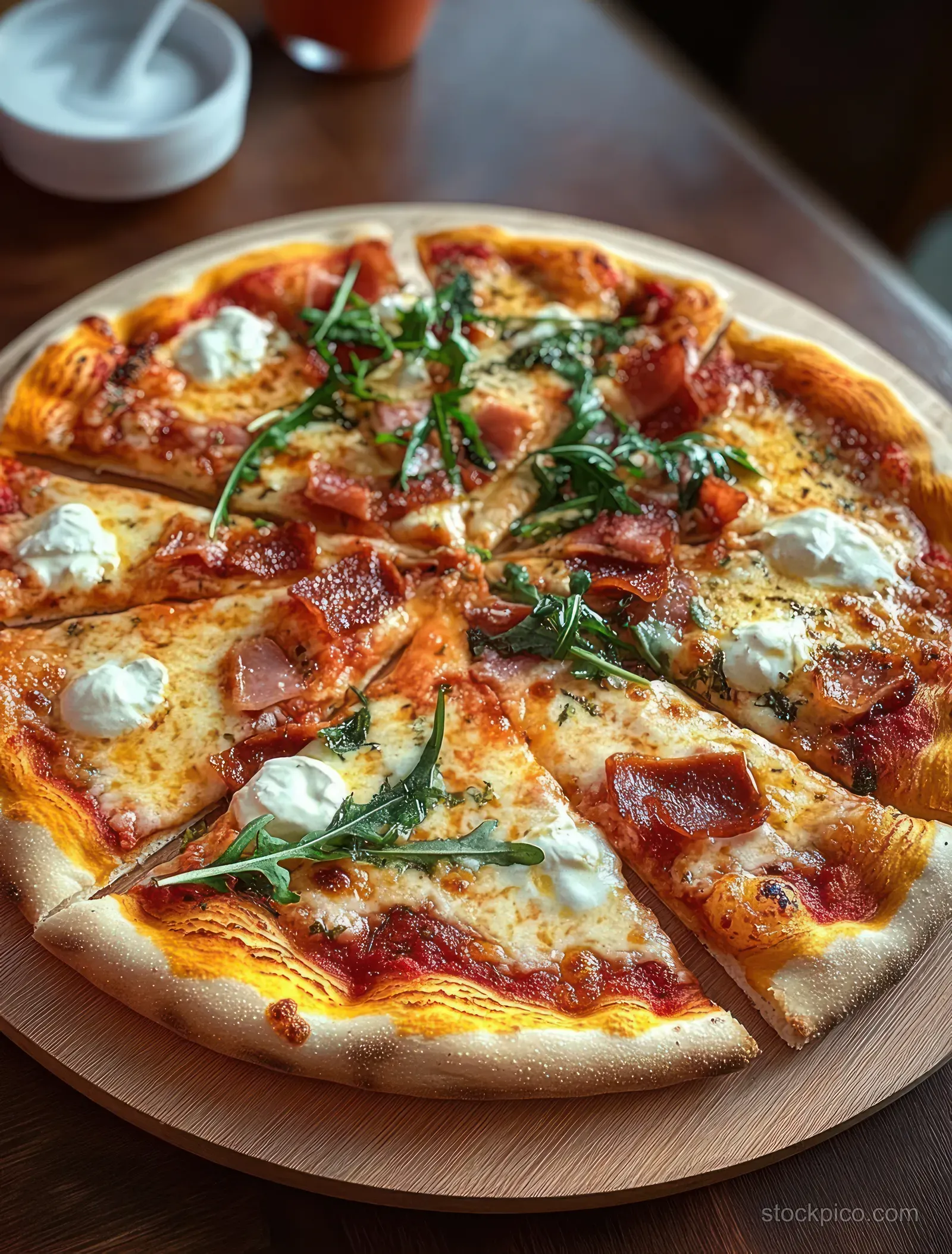 Rustic Italian pizza on a plate with melted cheese, arugula, basil, and cherry tomatoes.