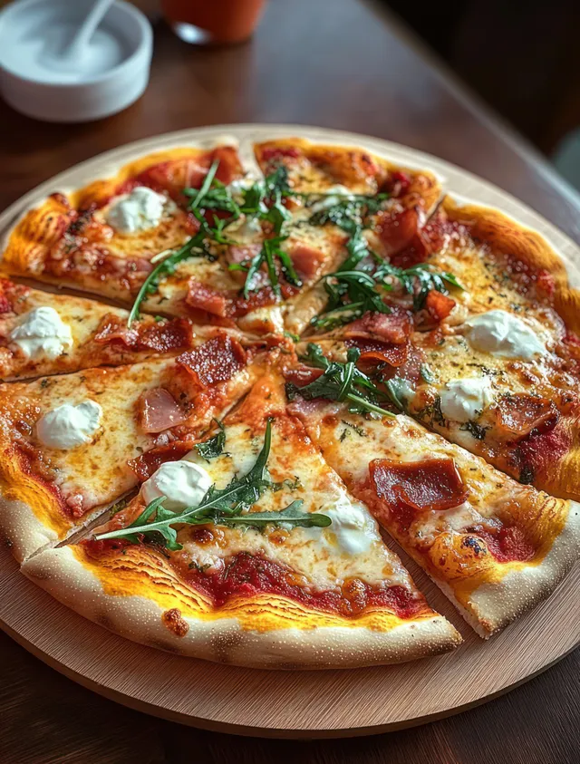 Rustic Italian pizza on a plate with melted cheese, arugula, basil, and cherry tomatoes.