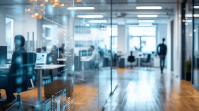 IT team members work at desks in a bright open office behind glass walls and illuminated monitors.