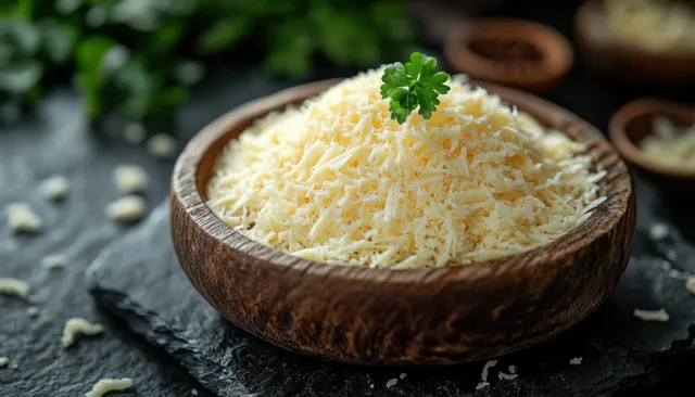 Finely grated Parmesan is presented in a rustic wooden bowl on a dark slate surface, illuminated by warm natural light.