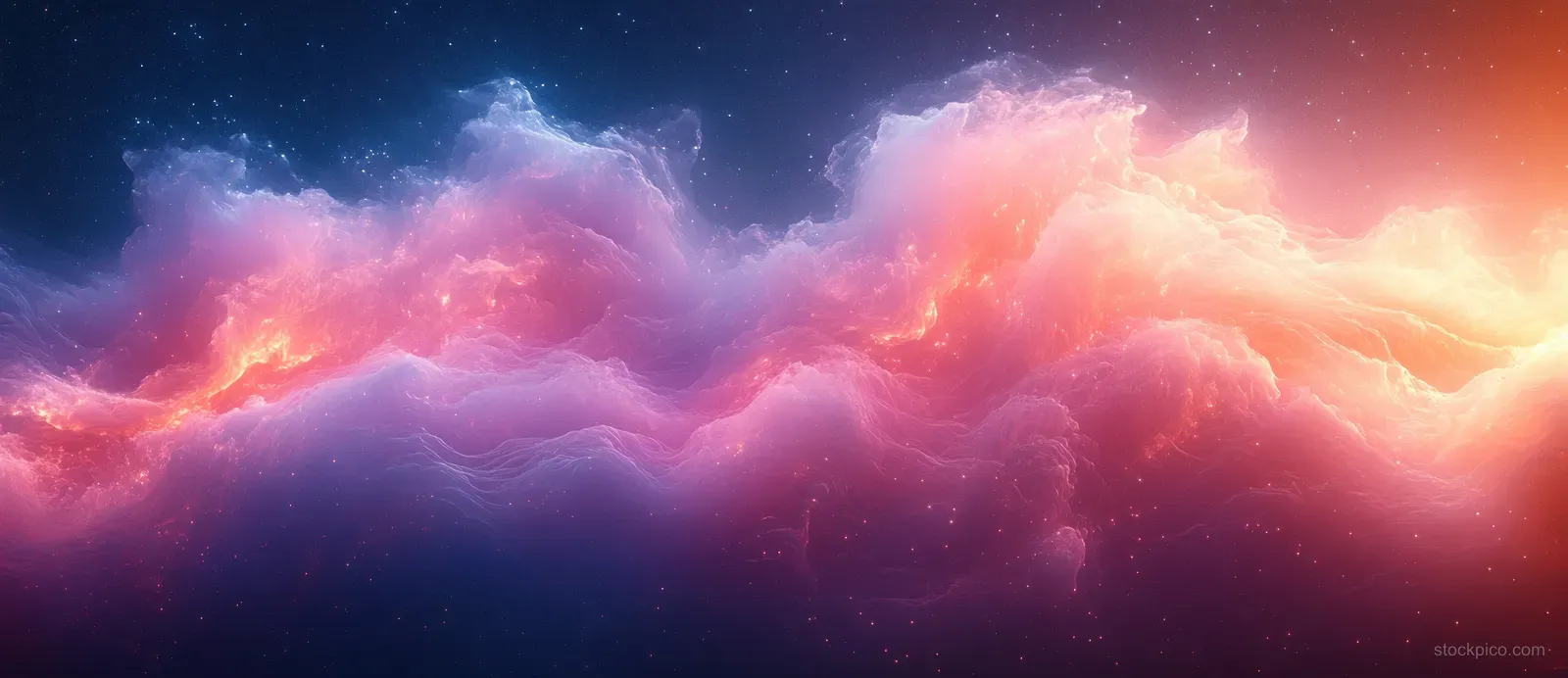 Glowing pink and blue nebula clouds swirl across a dark gradient space background.