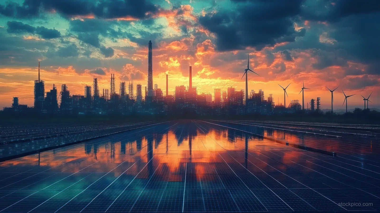 Factory skyline at sunset with chimneys, wind turbines, and reflective solar panels on a water-smooth surface.