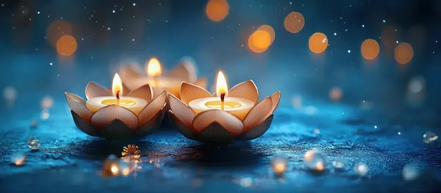 Three lit candles in lotus holders glowing on a blue surface with warm bokeh
