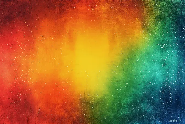 Rainbow gradient background with textured paper grain and subtle copy space