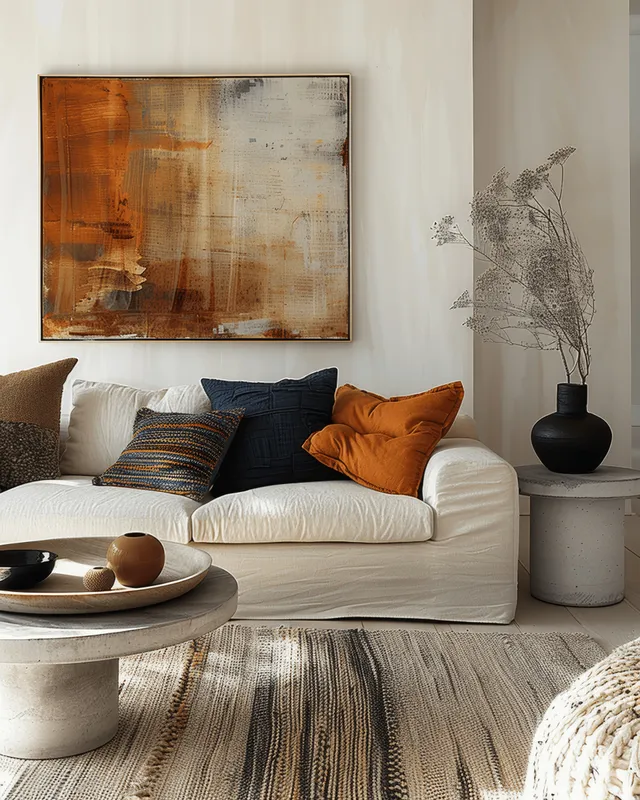 Minimalist living room scene with beige sofa, abstract wall art, and round coffee table with Concrete Accent Tables