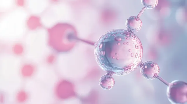 Glossy connected droplet spheres float over a soft pastel bokeh background in an abstract skincare style.