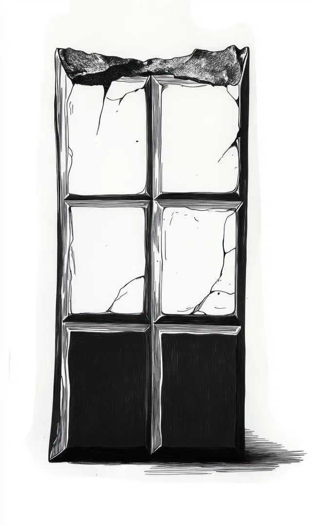 Black-and-white sketch of a cracked six-pane window with a worn, weathered wooden frame.