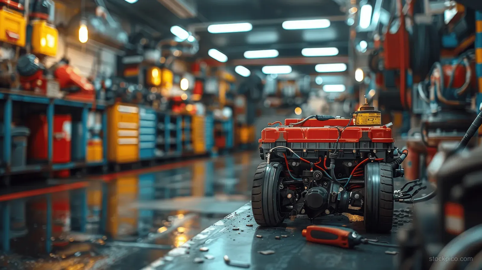 Technician inspects battery cables and an exposed engine in an auto repair workshop with tools in the background.