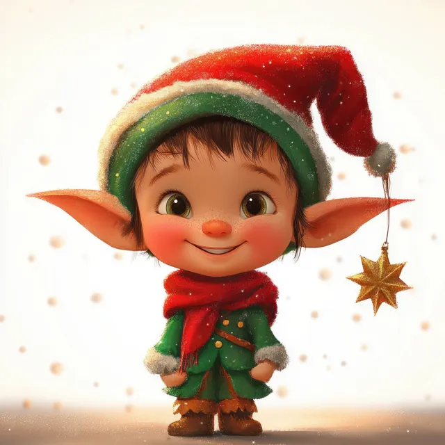 A small Christmas elf holds a decorated miniature tree while stars float on a snowy background.