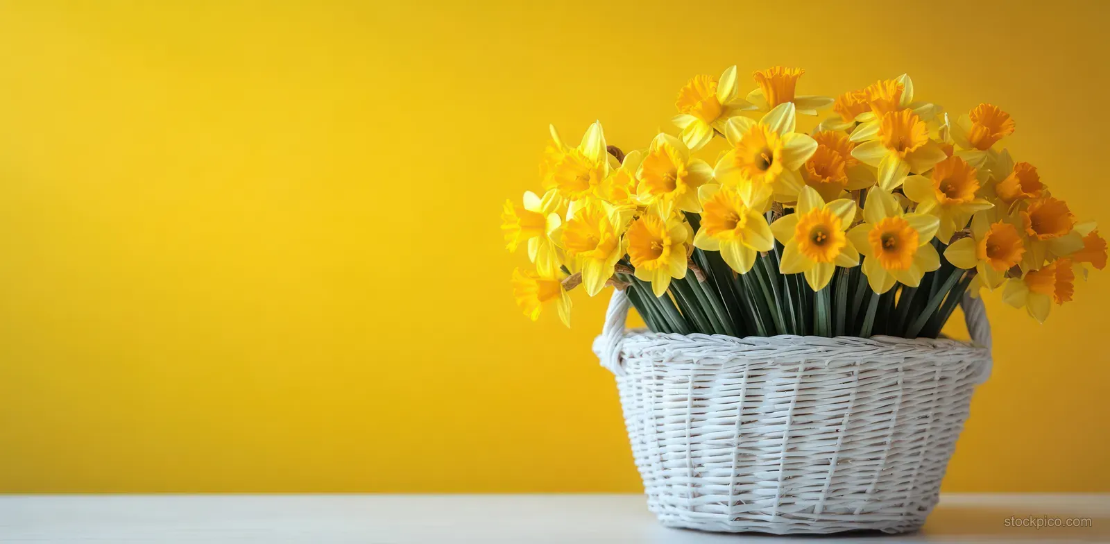 Yellow daffodils in a white wicker basket against a solid yellow background.