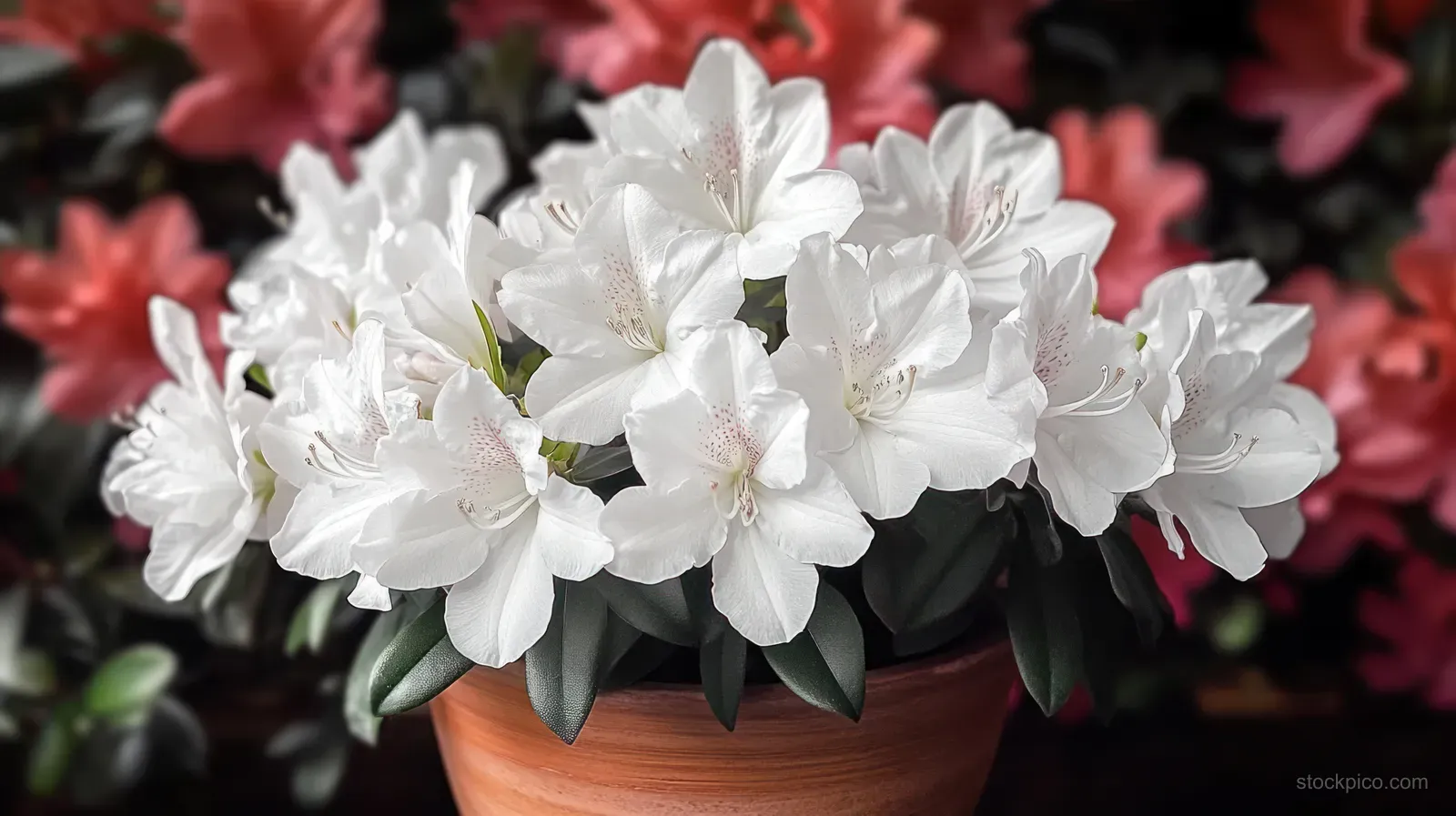 White azalea blossoms in a terracotta pot with green leaves and blurred pink flowers behind.