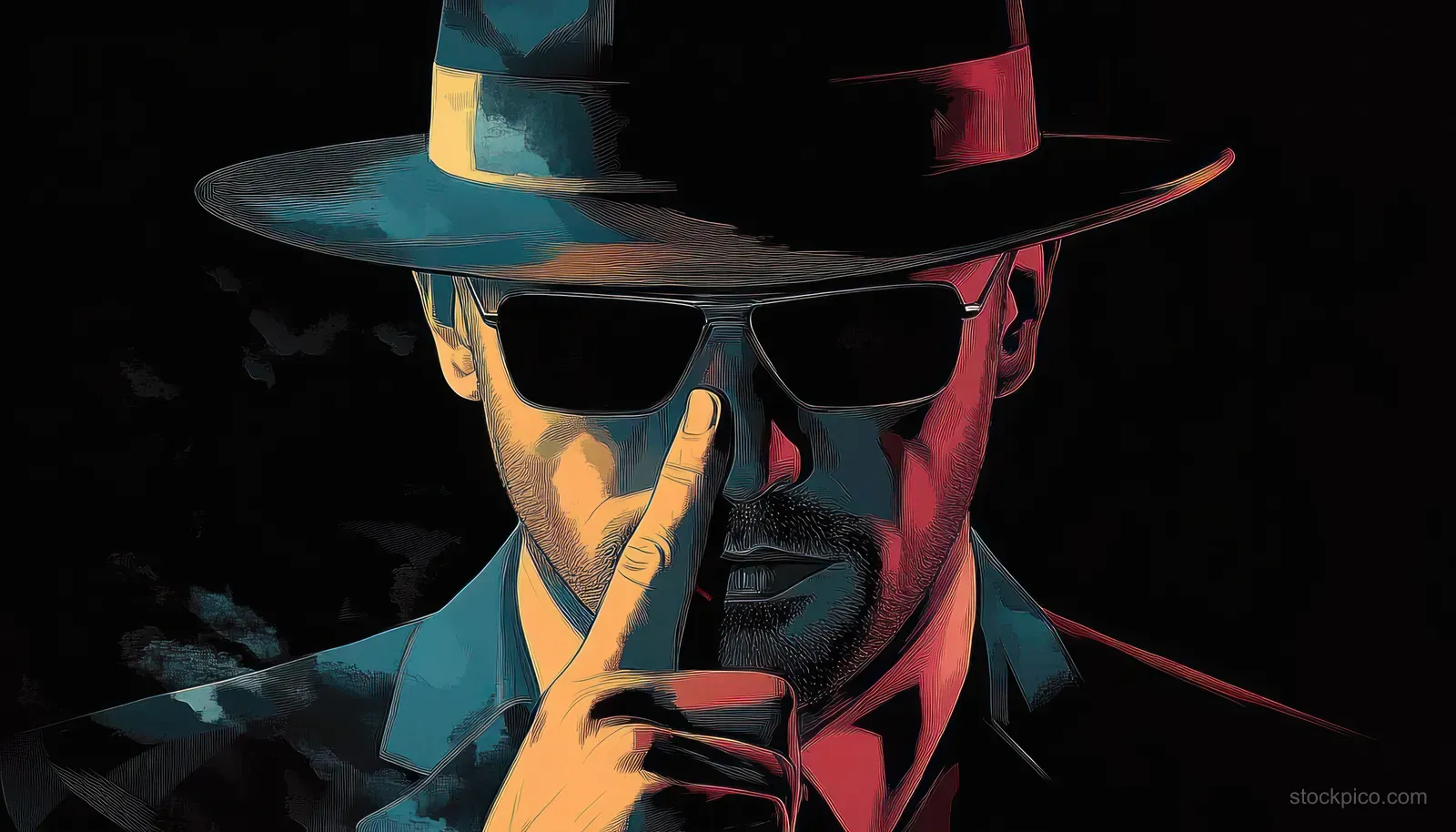 A man in a wide-brimmed hat and sunglasses raises a finger to his lips in blue and red noir lighting.