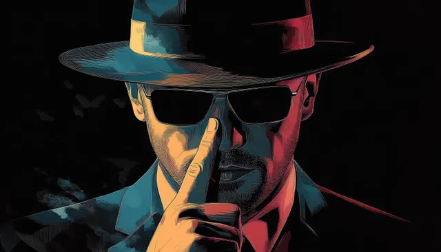 Mysterious man in wide-brim hat shushing with finger to lips in noir lighting